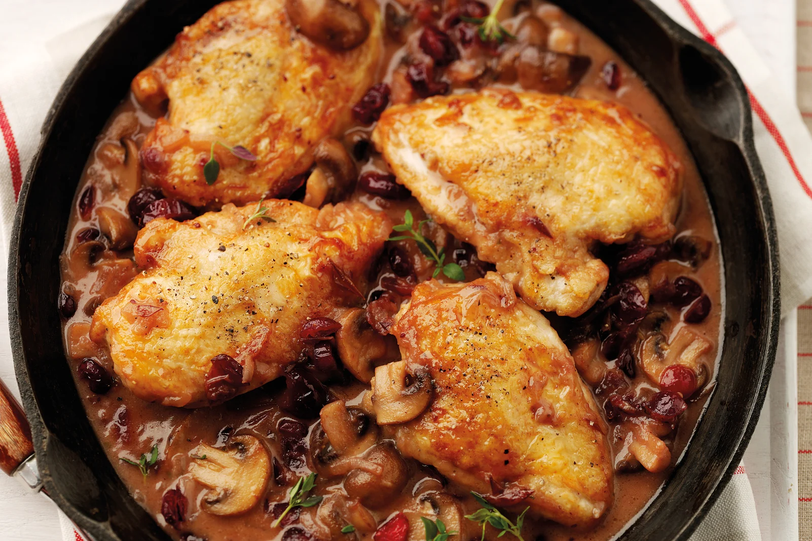 Pan Roasted Chicken with Cranberry & Mushroom Sauce