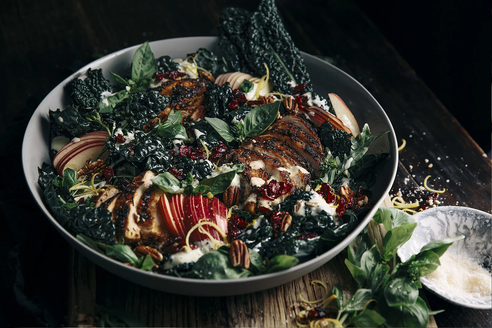 Kale, Apple & Craisins® Dried Cranberries Salad with Smokey Chicken & Creamy Garlic Yogurt Dressing