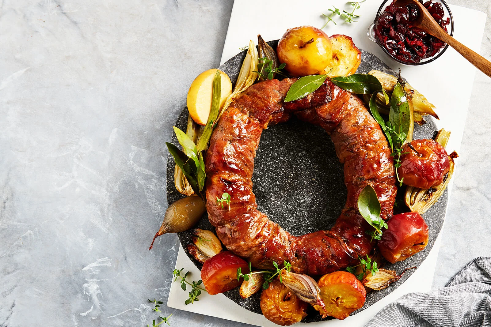 Prosciutto Pork Wreath with Apples, Fennel and Craisins® Relish